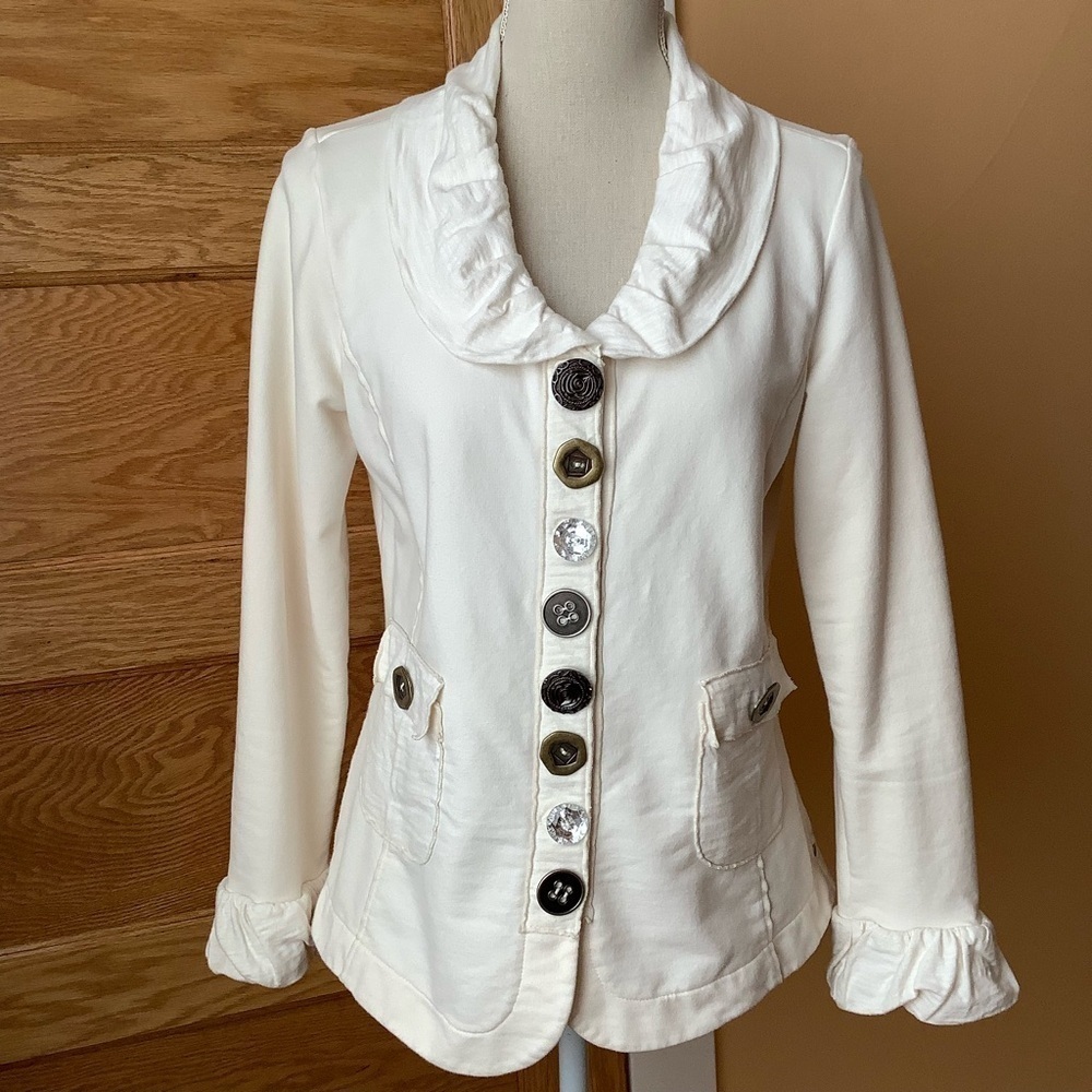 NEON BUDDHA Cream French Terry Ruffle Cardigan Button Jacket Size S - Picture 2 of 15